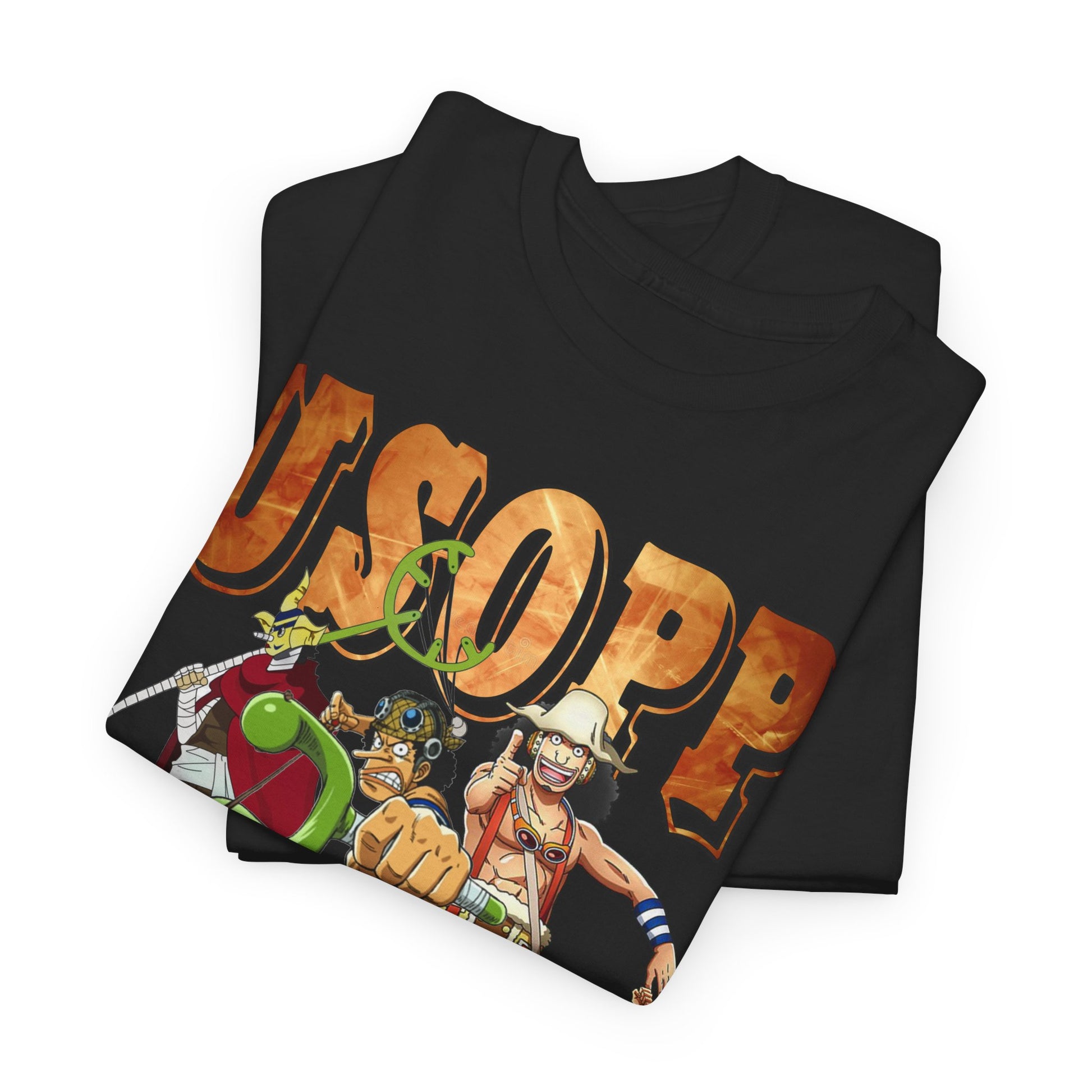 Luxurious graphic t-shirt featuring the name 'USOPP' in dynamic gold lettering, surrounded by intricately illustrated anime characters from the beloved high-seas adventure series. Made from premium fabric, this stylish tee embodies both comfort and vibrant design, perfect for anime enthusiasts.