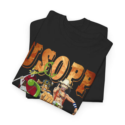 Luxurious graphic t-shirt featuring the name 'USOPP' in dynamic gold lettering, surrounded by intricately illustrated anime characters from the beloved high-seas adventure series. Made from premium fabric, this stylish tee embodies both comfort and vibrant design, perfect for anime enthusiasts.