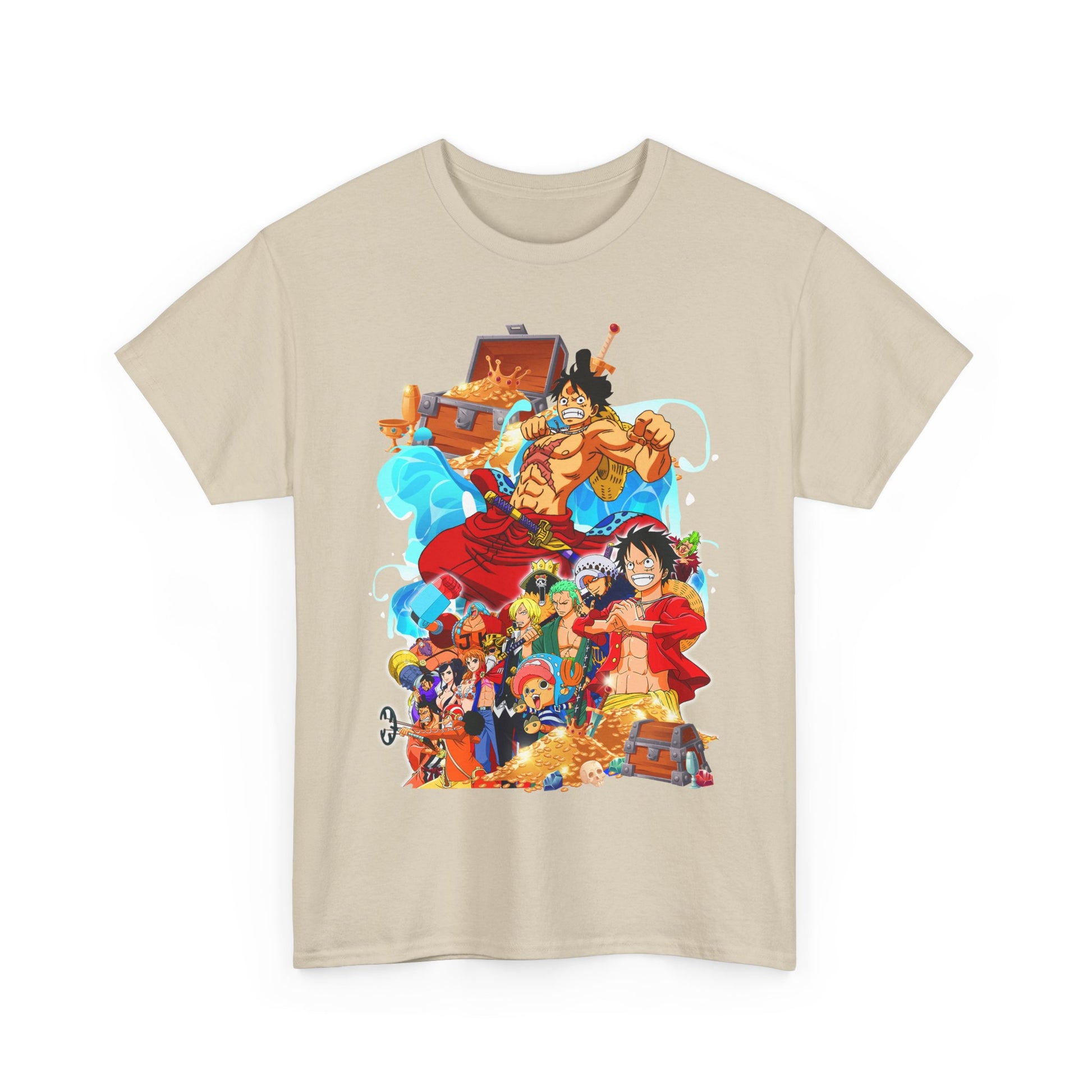 Vibrant anime-inspired men's t-shirt featuring iconic characters in an adventure scene, crafted for anime enthusiasts.