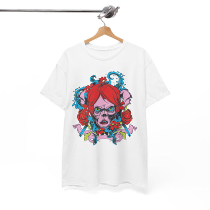 Elegant hanging men's t-shirt displaying an eye-catching skull graphic, featuring bold red hair and floral motifs, suitable for trendy fashion enthusiasts.