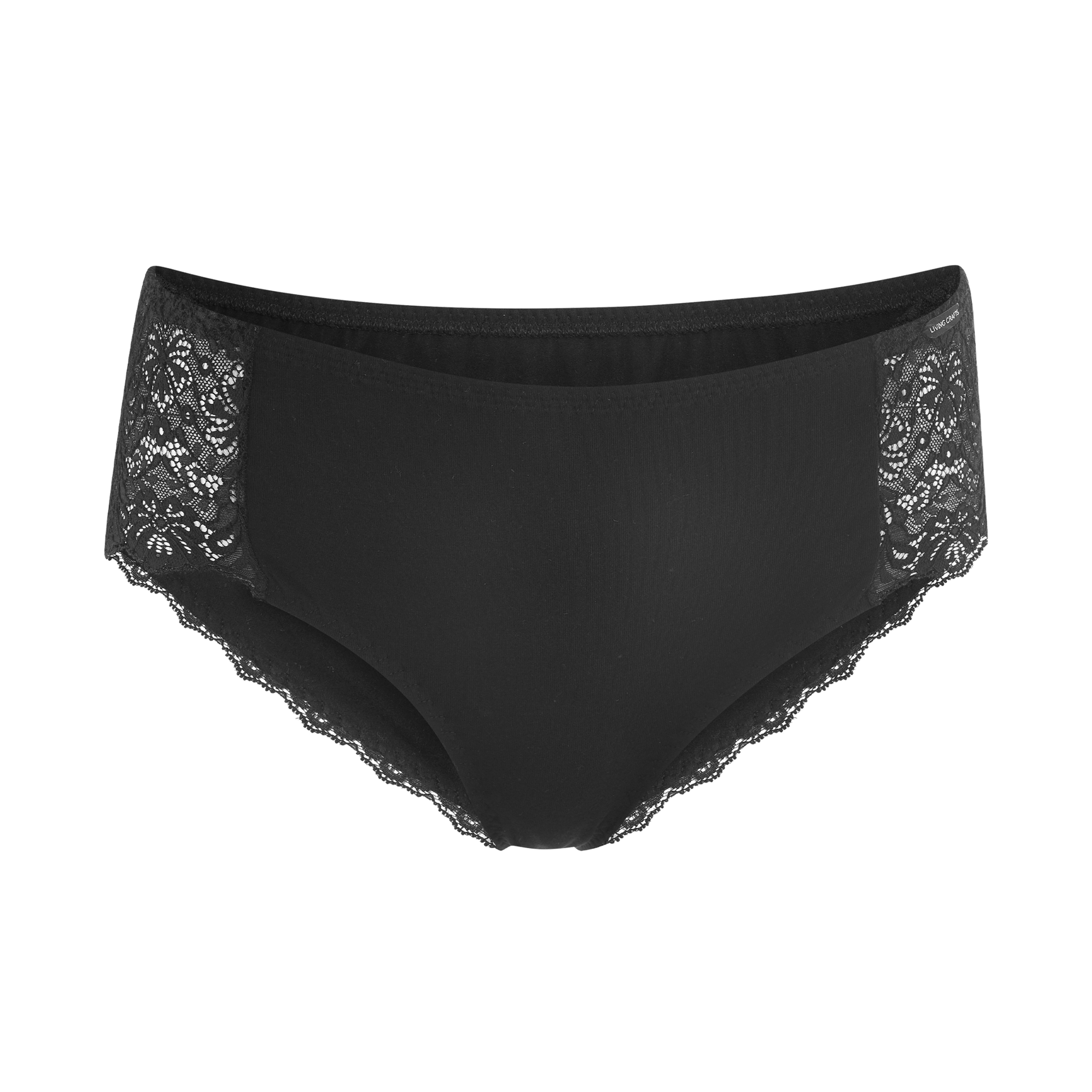 Elegant lace trim briefs displayed on a soft, natural background, highlighting premium organic materials.