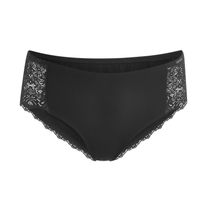 Elegant lace trim briefs displayed on a soft, natural background, highlighting premium organic materials.