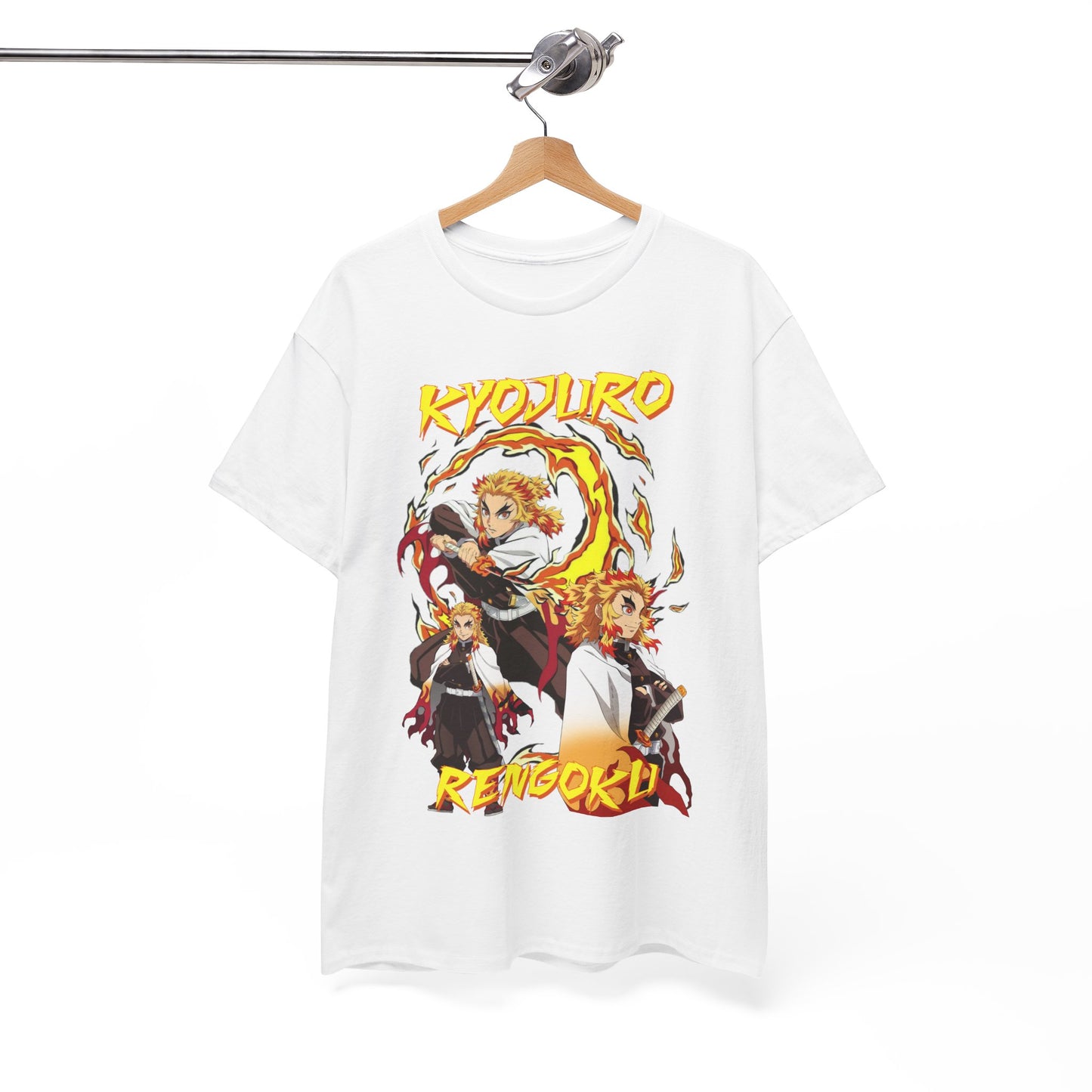 Premium quality Kyojuro Rengoku t-shirt elegantly hanging, featuring a striking flame design and bold lettering, ideal for discerning fans of the Demon Slayer anime.