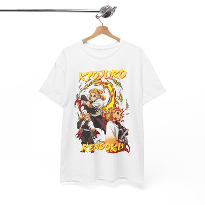 Premium quality Kyojuro Rengoku t-shirt elegantly hanging, featuring a striking flame design and bold lettering, ideal for discerning fans of the Demon Slayer anime.