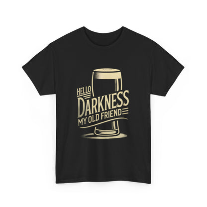 Front view of the Guinness Cotton Graphic T-Shirt featuring a creative graphic that states 'Hello Darkness My Old Friend' - Urban Unisex Streetwear for Unique Style Lovers.