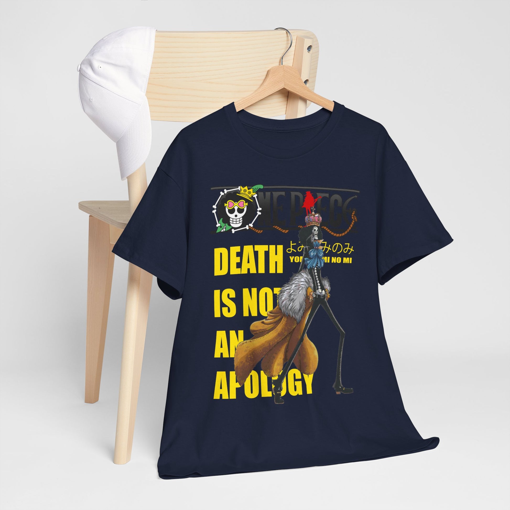 Luxury navy blue anime t-shirt on a wooden hanger, featuring eye-catching illustrations and bold typography, ideal for trendy anime fashion.