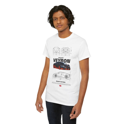 Another model sporting the elegant Bugatti Veyron design T-Shirt. The shirt displays detailed sketches of the Bugatti Veyron, symbolising a celebration of luxury automotive design.