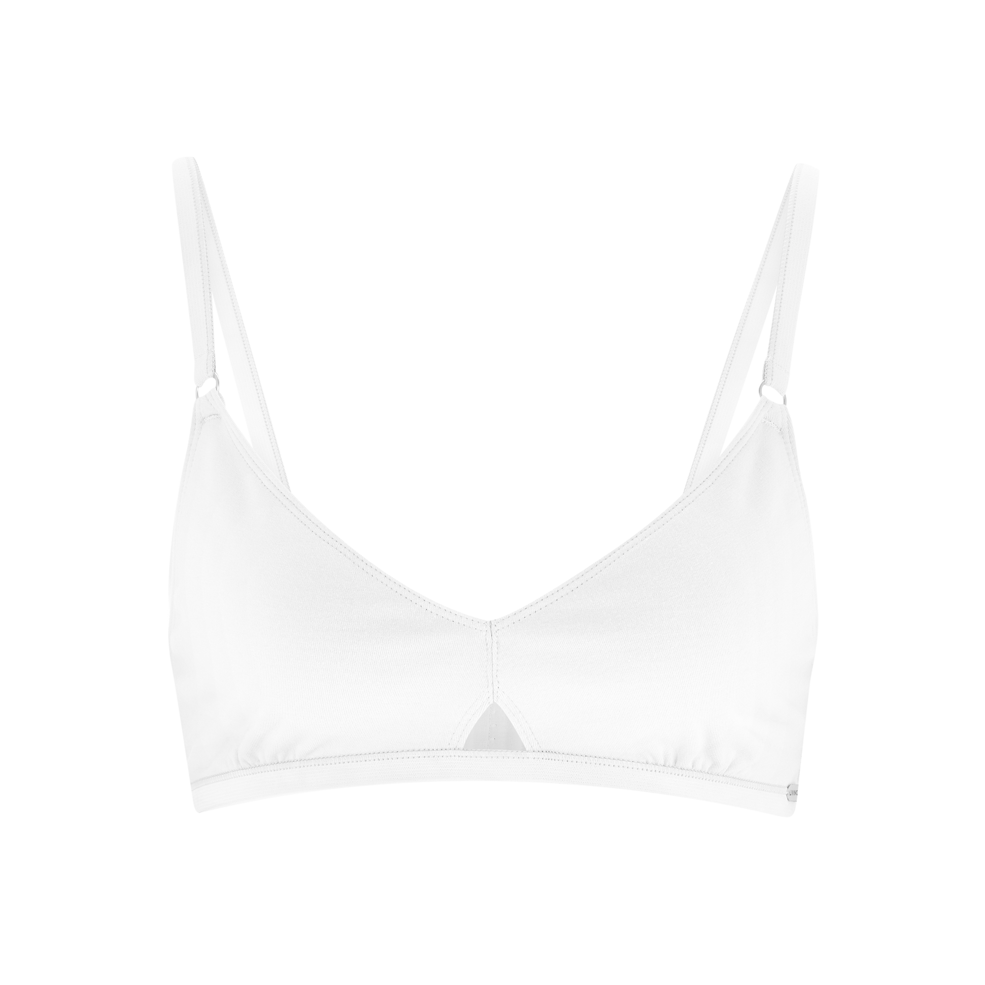 Close-up view of luxury organic cotton triangle bralette demonstrating soft texture and no padding for natural fit.