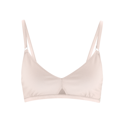 Elegant display of luxury organic cotton triangle bralette highlighting the elasticated underbust band and one size fits most design.