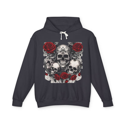 Front view of a stylish dark Unisex Lightweight Hooded Sweatshirt with a unique designer skull and roses motif, ideal for making a fashion statement.