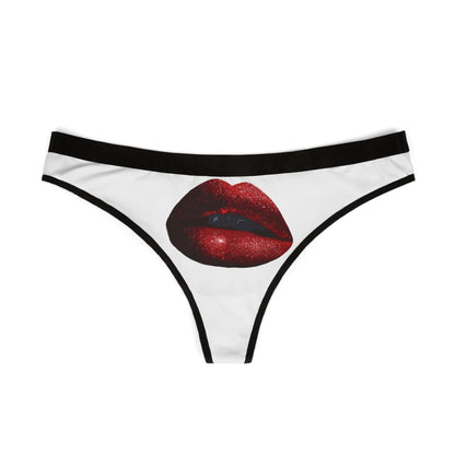 Sophisticated women's thong featuring a bold red lips design on a white background, ideal for adding a cheeky touch to intimate apparel.