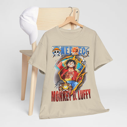 Stylishly arranged Monkey D. Luffy T-Shirt alongside a white cap, highlighting its adventurous spirit and trendy design.
