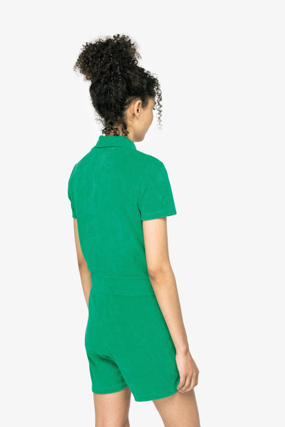 Flat lay of the luxury organic cotton zipped jumpsuit, demonstrating the thoughtful design and eco-friendly credentials of Earth Wardrobe's collection.