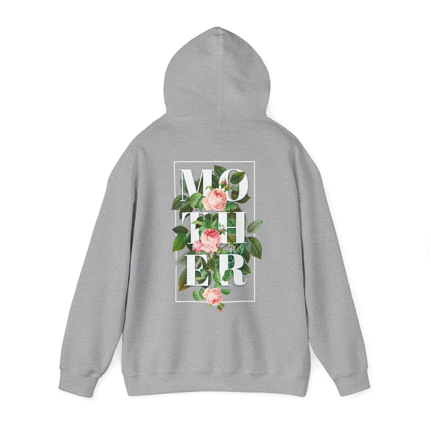 Luxurious floral back print hoodie featuring elegant 'MOTHER' design with vibrant roses and lush leaves, perfect for celebrating motherhood.