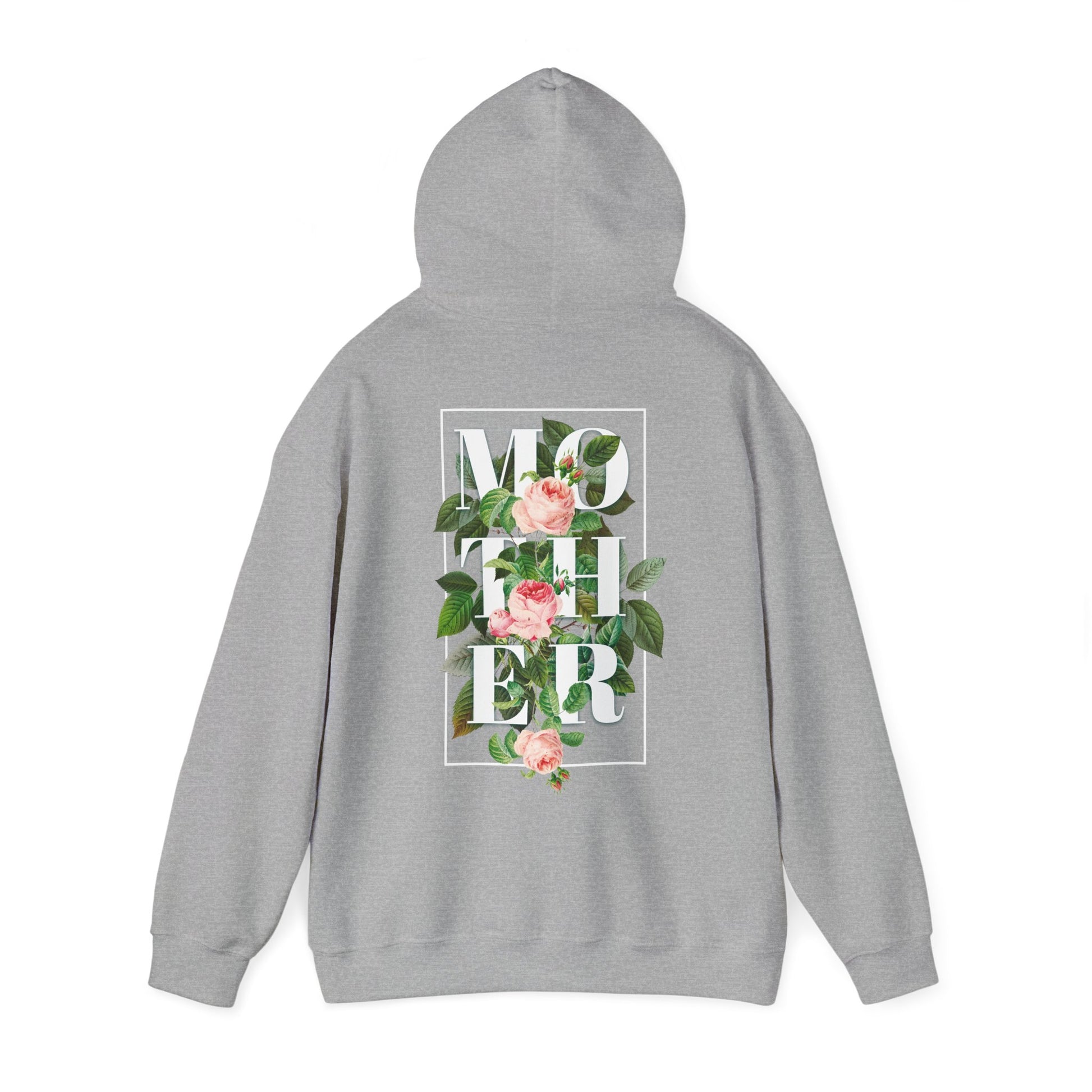 Luxurious floral back print hoodie featuring elegant 'MOTHER' design with vibrant roses and lush leaves, perfect for celebrating motherhood.