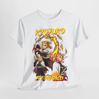 Sophisticated Kyojuro Rengoku graphic tee displayed against a minimalist background, showcasing dynamic illustrations and bold typography that captures the essence of the Flame Hashira.