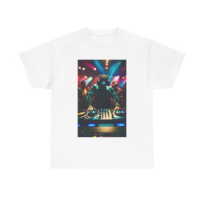 Street Monster Graphic T-Shirt in classic white with a striking image of a DJ at a lively event, ideal for those who appreciate urban culture.