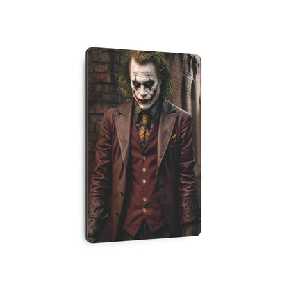 Close-up view of the Joker Metal Art Poster, capturing intricate details of the Dark Knight's notorious villain rendered in premium matte aluminium, designed for luxury wall decor.