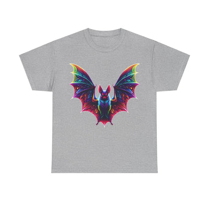 Radiant Evolution Bat Tee - Sophisticated grey cotton t-shirt displaying a beautiful rainbow bat motif, merging art and fashion seamlessly for a unique look.