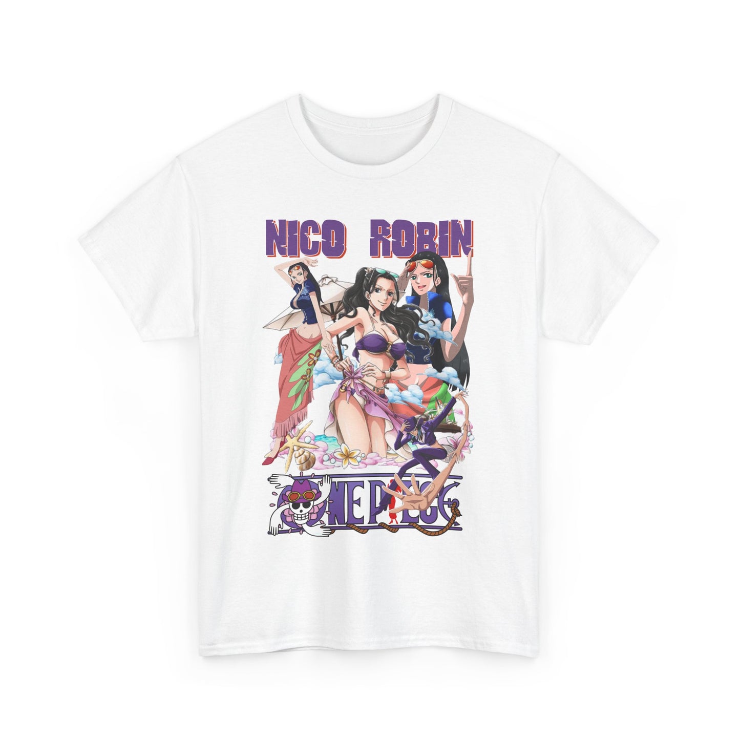 Artistic representation of a white men's t-shirt featuring the anime character Nico Robin, complemented by vibrant graphics and summer motifs, showcasing an alluring fashion statement.