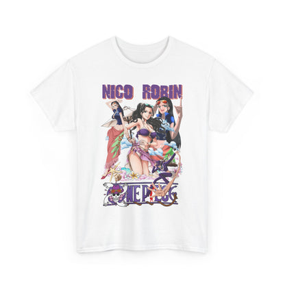 Artistic representation of a white men's t-shirt featuring the anime character Nico Robin, complemented by vibrant graphics and summer motifs, showcasing an alluring fashion statement.