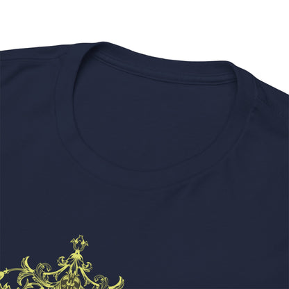Close-up of a navy t-shirt's neckline featuring an elaborate Grim Reaper design, representing luxury in gothic fashion.