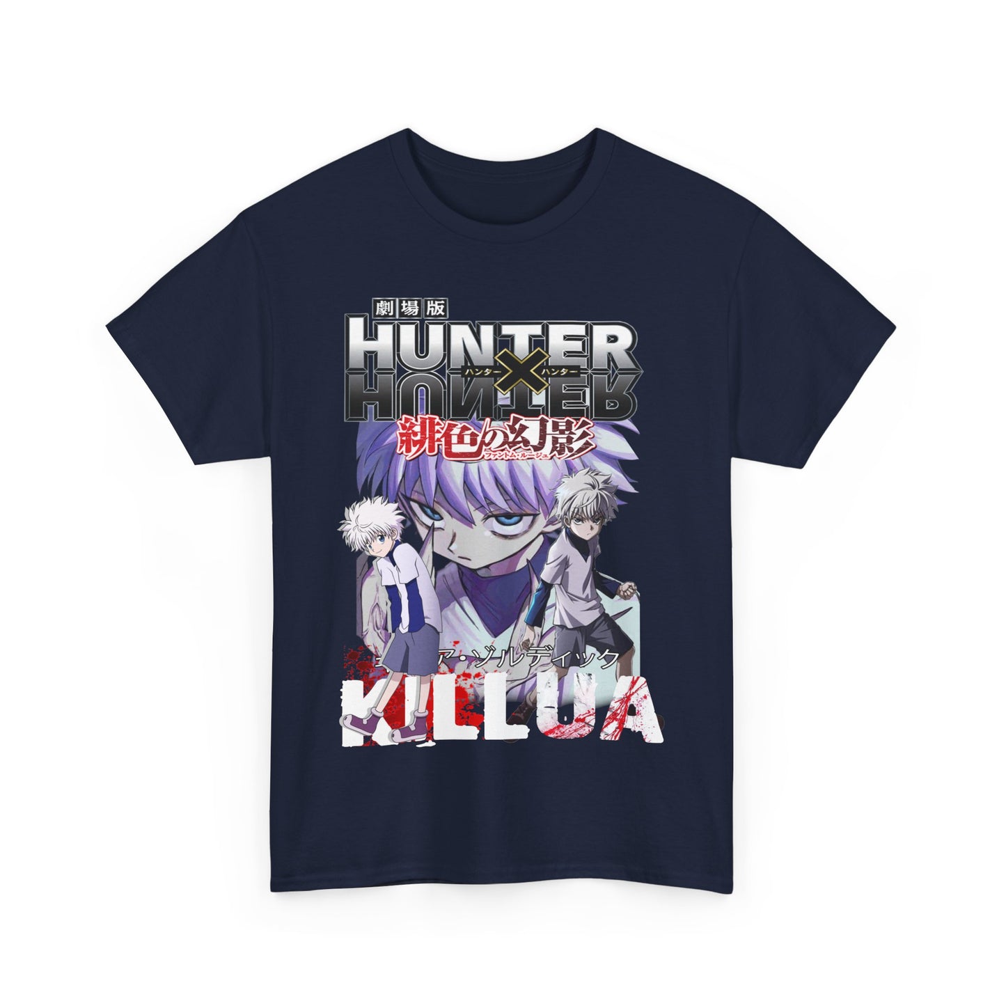 Stunning navy blue anime graphic t-shirt featuring Killua and Gon from Hunter x Hunter, capturing the essence of adventure with vibrant artwork.