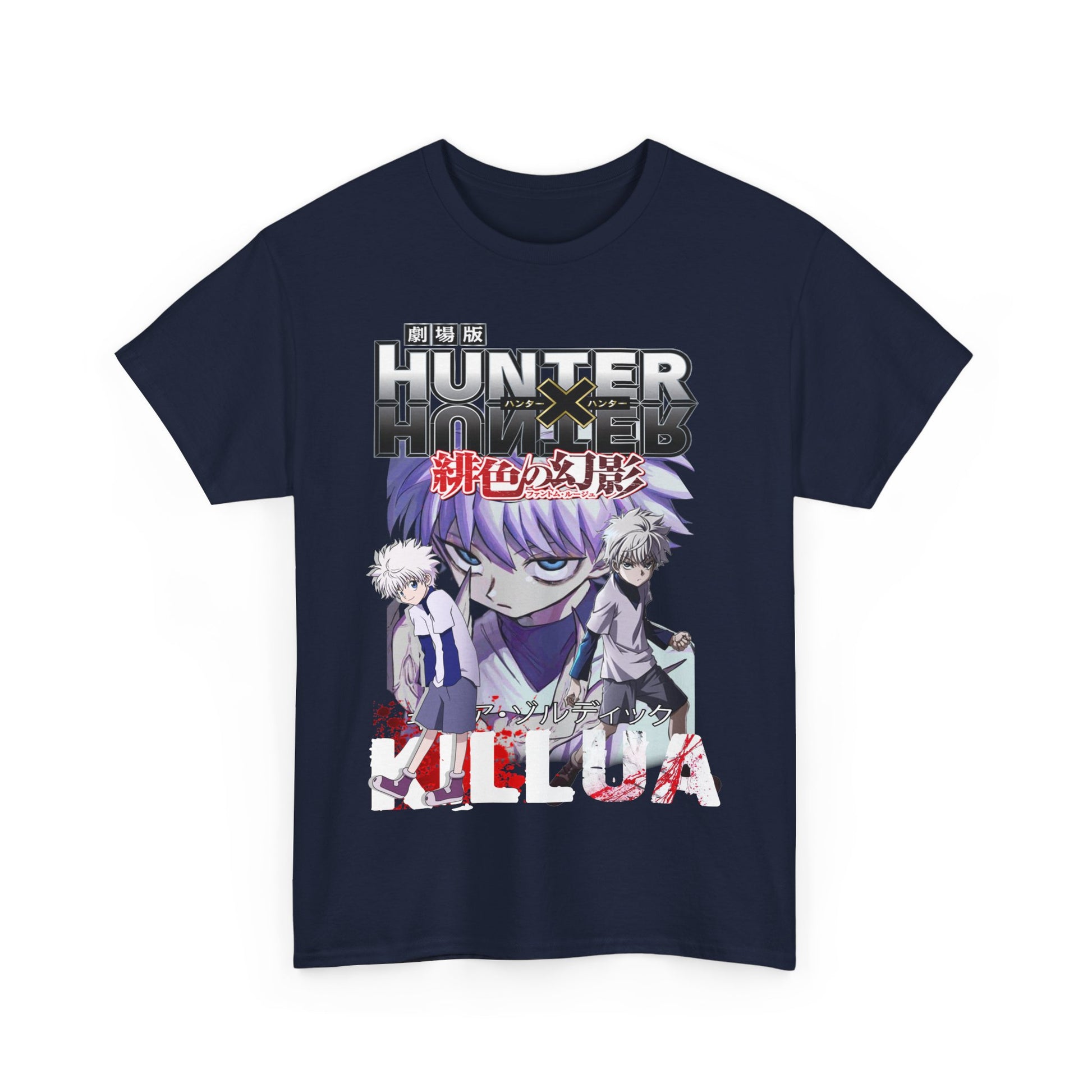 Stunning navy blue anime graphic t-shirt featuring Killua and Gon from Hunter x Hunter, capturing the essence of adventure with vibrant artwork.