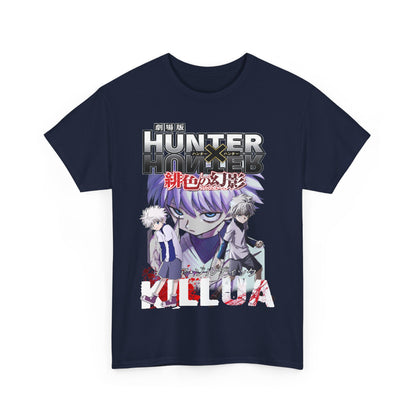 Stunning navy blue anime graphic t-shirt featuring Killua and Gon from Hunter x Hunter, capturing the essence of adventure with vibrant artwork.