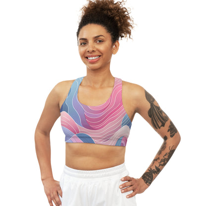 Model wearing the Serena Valentina Abstract Pastel Sports Bra, highlighting its supportive fit and fashionable abstract pastel design ideal for fitness enthusiasts.