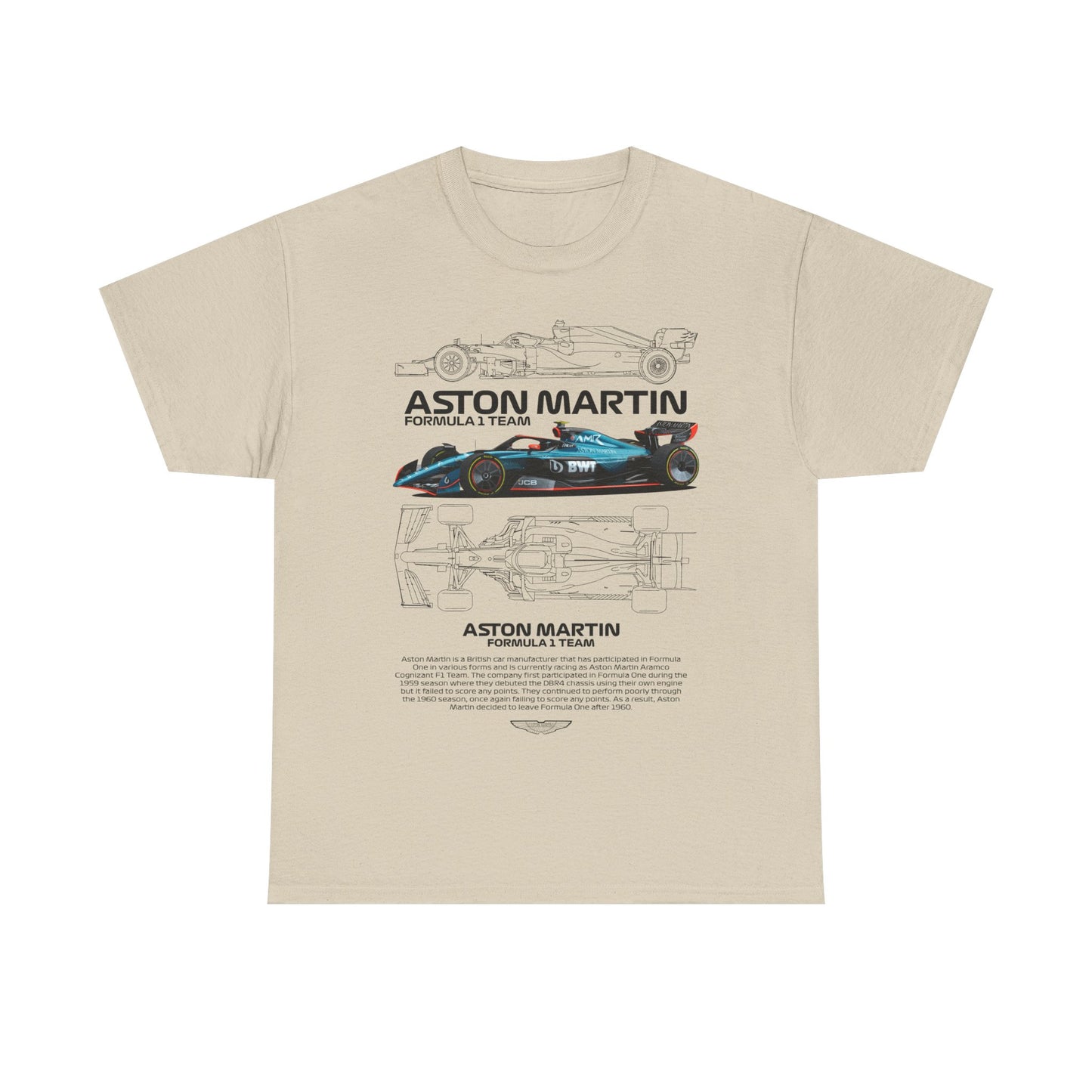 Refined Aston Martin Formula 1 Team men's T-shirt in a soft beige hue, presenting an intricate graphic of a racing car alongside the distinguished Aston Martin emblem.