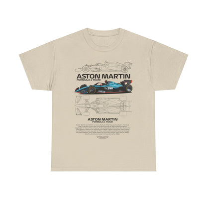 Elegant Aston Martin Formula 1 Team men's T-shirt in beige showcasing a stunning design with a depiction of the race car and detailed technical outlines.