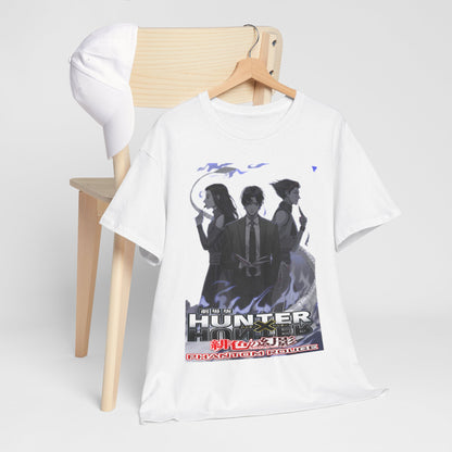 Chic display of the Hunter x Hunter Phantom Rouge T-shirt paired with a cap, set on a wooden chair, showcasing the exquisite character artwork for a modern, stylish look.