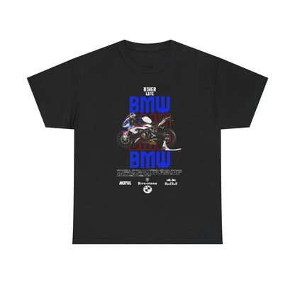 Luxurious men's t-shirt in black featuring a striking graphic of the BMW S1000RR motorcycle with bold 'BIKER LIFE' lettering and premium brand logos, ideal for stylish motorcycle enthusiasts.