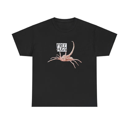 Elegant Alien Xenomorph Facehugger Free Hugs graphic on a black unisex cotton t-shirt, perfect for comic and sci-fi enthusiasts.