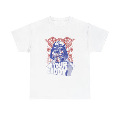Luxurious white t-shirt featuring a bold comic-style illustration of an imposing character with the playful text 'I'M YOUR DADDY', set against a striking red pattern, perfect for stylish casual wear.