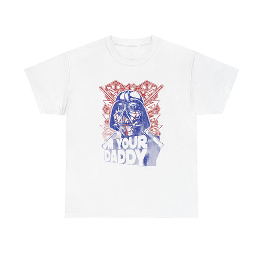 Luxurious white t-shirt featuring a bold comic-style illustration of an imposing character with the playful text 'I'M YOUR DADDY', set against a striking red pattern, perfect for stylish casual wear.