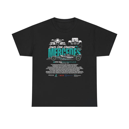 Chic black t-shirt showcasing a Mercedes Formula 1 car design, featuring 'Lewis Carl Hamilton 44' and prominent sponsorship logos from AMG Petronas, Ineos, TeamViewer, and Hewlett Packard Enterprise.