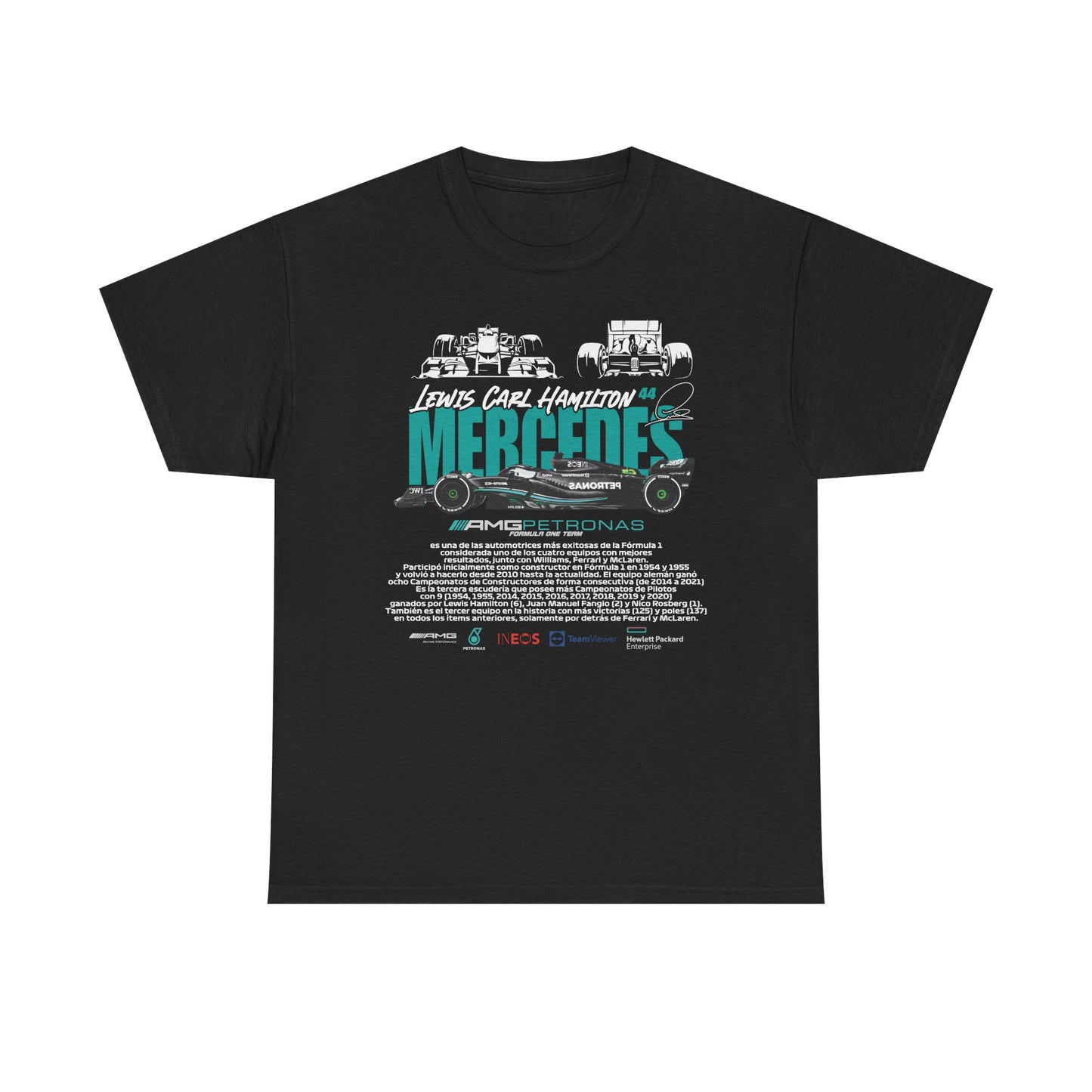 Luxurious black t-shirt featuring striking graphics of Lewis Hamilton and Mercedes-AMG Petronas F1 team, showcasing the iconic name and car designs, ideal for motorsport enthusiasts and fashion aficionados.