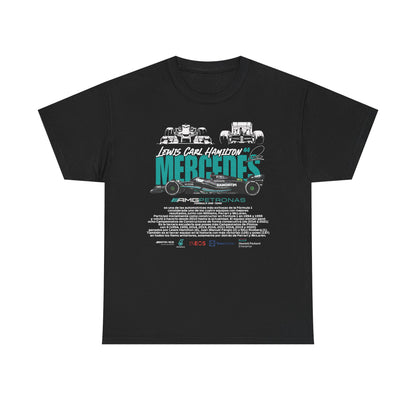 Luxurious black t-shirt featuring striking graphics of Lewis Hamilton and Mercedes-AMG Petronas F1 team, showcasing the iconic name and car designs, ideal for motorsport enthusiasts and fashion aficionados.