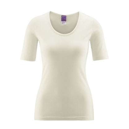 Close-up of the luxurious organic cotton fabric of the women's base layer t-shirt, highlighting its gentle texture and elegant style.