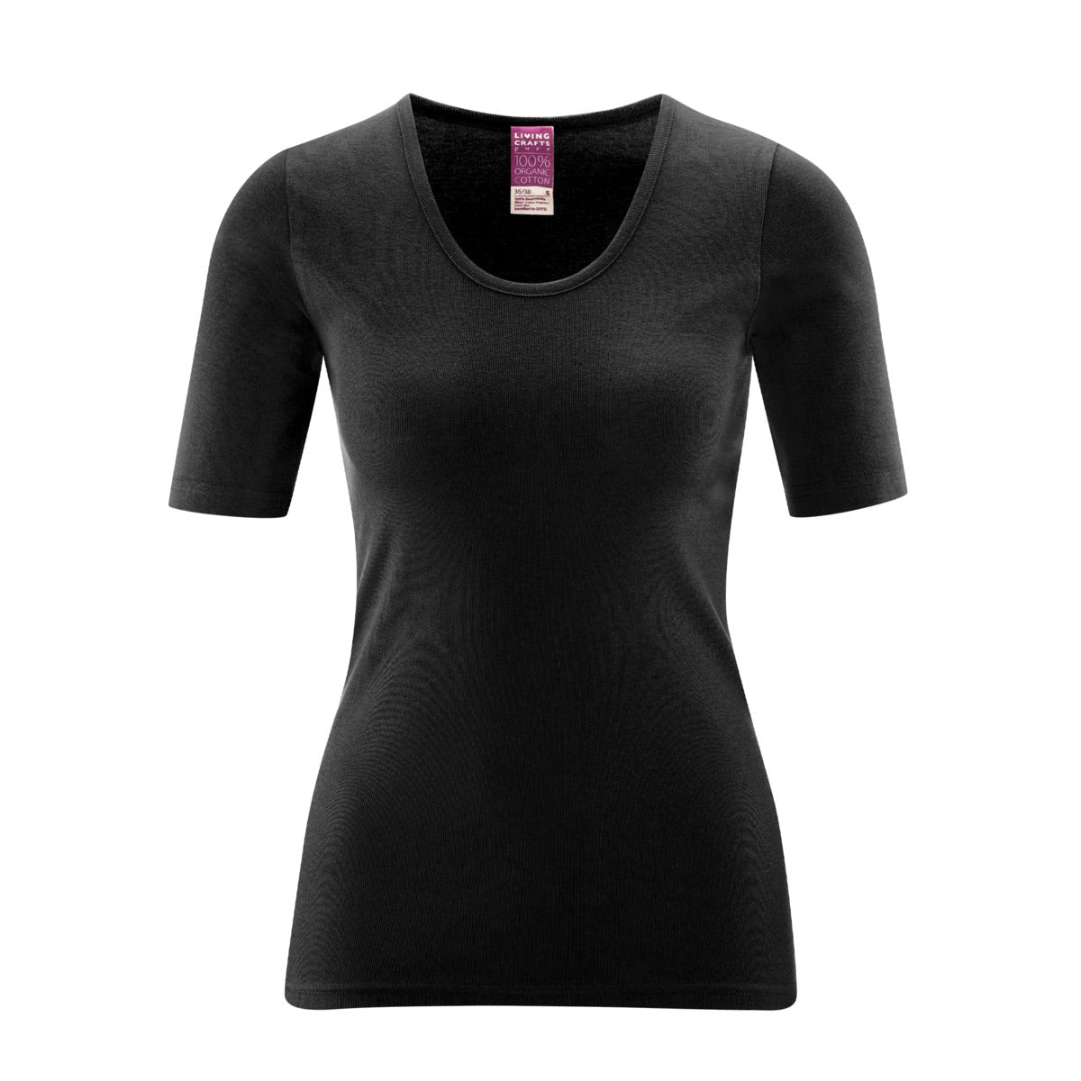 Beautifully draped organic cotton women's t-shirt with wider neckline, suitable for pairing with elegant tops or blouses.