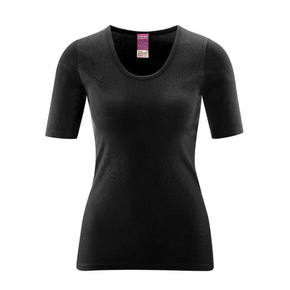 Beautifully draped organic cotton women's t-shirt with wider neckline, suitable for pairing with elegant tops or blouses.