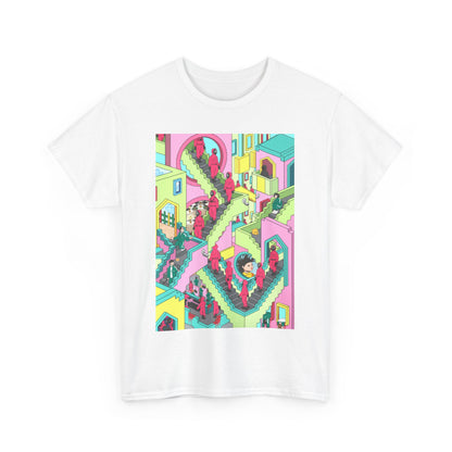 Stylish cotton t-shirt displaying a striking, artistic illustration of a fantastical stairway scene, blending playful elements with a contemporary urban feel, suitable for fashion-forward individuals.