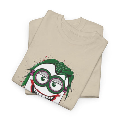Folded Men's Funny T Shirt showing the Joker Minion design, an amusing choice for fans of Minions and those who love casual wear with a humorous twist.
