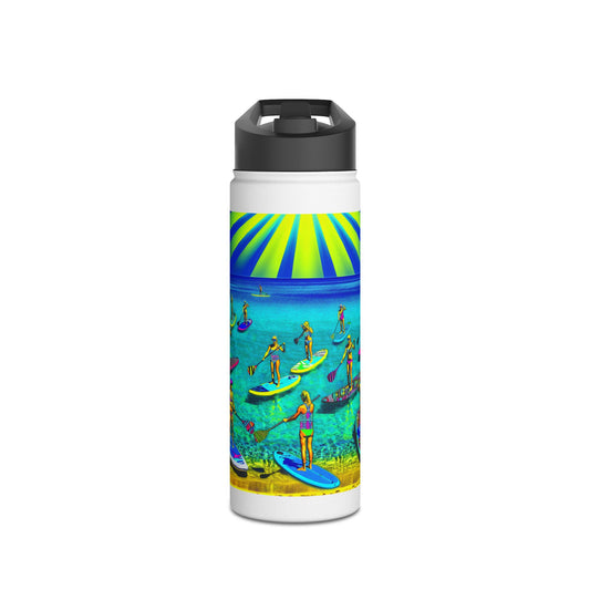 Luxury Fantasy Paddleboarding Stainless Steel Water Bottle showcasing vibrant paddleboarding design with sun rays and water scene, perfect for stylish hydration.
