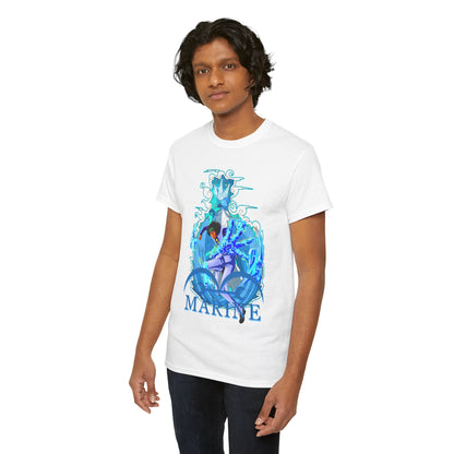 Elegant men's T-shirt in white, displaying a striking marine anime illustration with vibrant colours, ideal for stylish anime lovers.