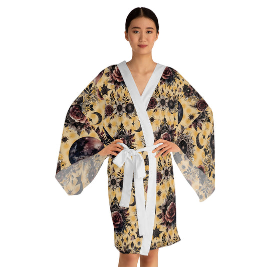Floral Kimono Robe, Women's Robe, Designer Lounge Wear, Boho Chic Bathrobe, showcasing a stylish flowy silhouette adorned with intricate floral designs, ideal for elegant homewear.
