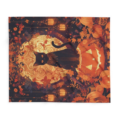 A close-up view of the Decorative and Warm Halloween Spooky Arctic Fleece Blanket featuring intricate designs of a black cat and pumpkins, offering a snug and stylish look for festive occasions.