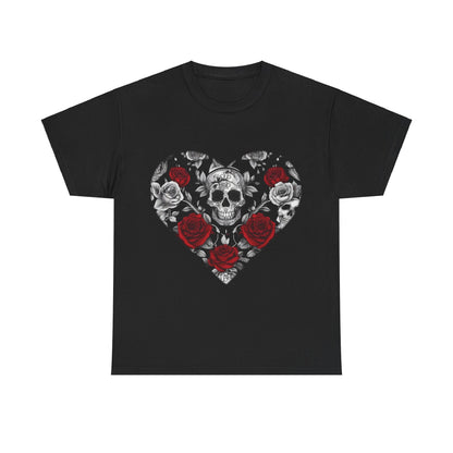 Luxury Skulls and Roses Cotton Tee, Unisex Graphic Shirt featuring an intricate heart design with a skull surrounded by romantic red and grey roses against a black background.